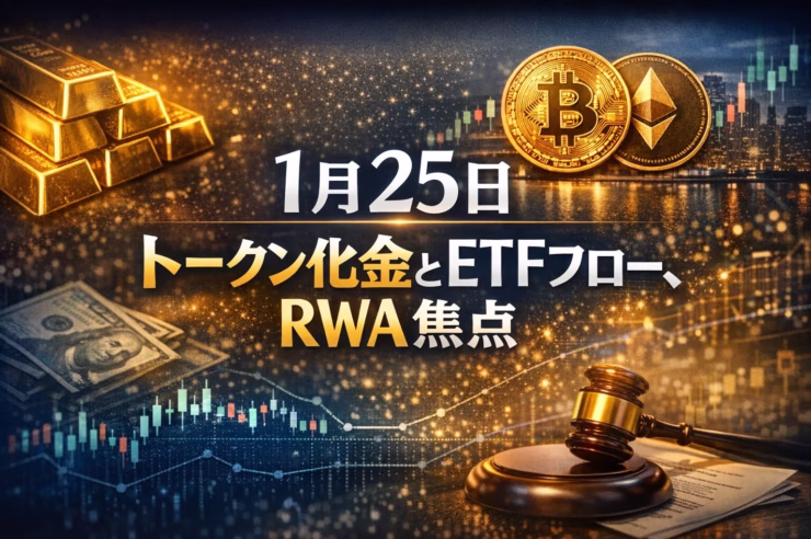 2026-01-23（米東）のETF流出と金トークン最高値を解説。BTC ETFの104Mドル流出とXAUTの2.60Bドル到達が要点です。JST 01/25 11:37時点の最新情報をまとめました。