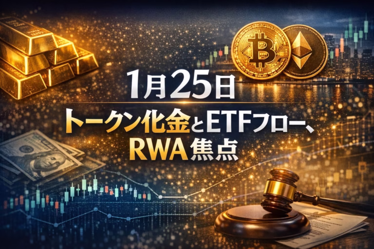 2026-01-23（米東）のETF流出と金トークン最高値を解説。BTC ETFの104Mドル流出とXAUTの2.60Bドル到達が要点です。JST 01/25 11:37時点の最新情報をまとめました。