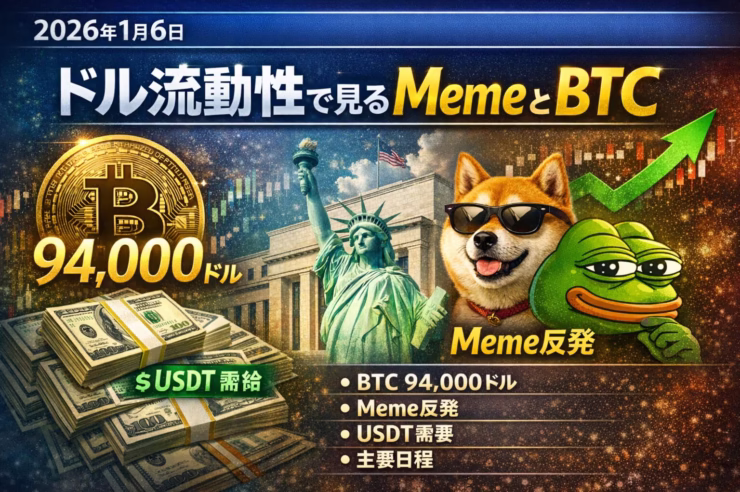 2026/01/06 18:45 JST。BTC94,000ドル、清算2.22億ドル、Meme出来高87億ドル。ドル流動性と建玉の増減に注目。