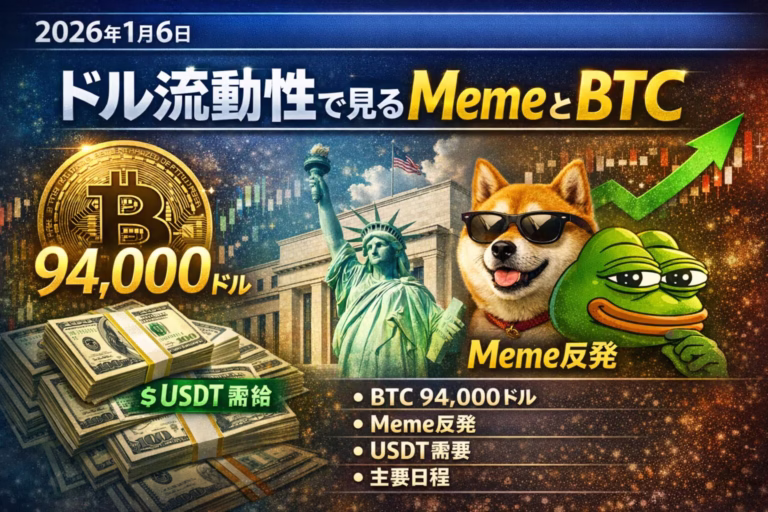 2026/01/06 18:45 JST。BTC94,000ドル、清算2.22億ドル、Meme出来高87億ドル。ドル流動性と建玉の増減に注目。