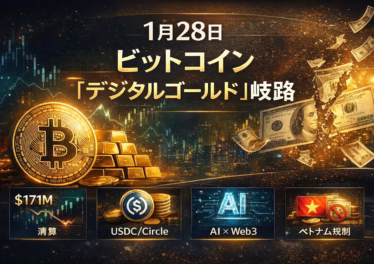 金先物+1.5%で最高値、ドル安進行もBTCは横ばい。24時間清算$171Mで多空拮抗。USDC純増+$32B。2026-01-28 10:00 JST時点、デジタルゴールド性の再評価と規制・AI動向を整理。