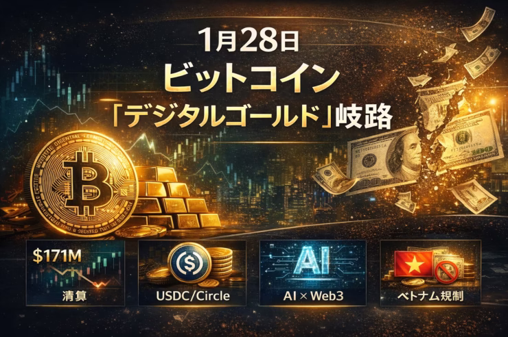金先物+1.5%で最高値、ドル安進行もBTCは横ばい。24時間清算$171Mで多空拮抗。USDC純増+$32B。2026-01-28 10:00 JST時点、デジタルゴールド性の再評価と規制・AI動向を整理。