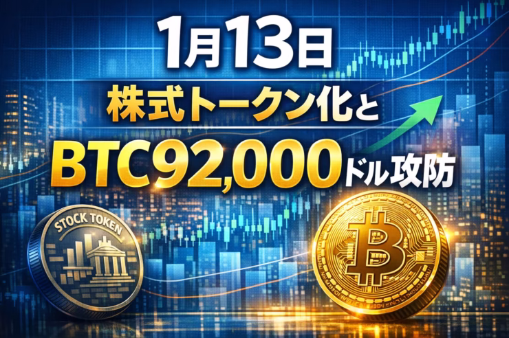 2026/01/13 12:00 JST時点。BTCは$92,015台へ反発。Polymarketは年間取引$44B超、周辺機能170種へ拡大。米株トークン化の主導権争いとRWA実装の進展が市場の焦点。