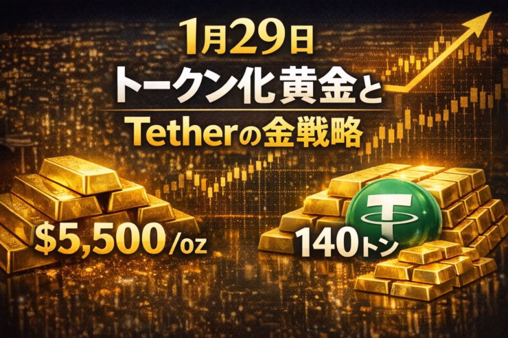 金が5,270ドルまで急騰する中、Tether社が金140トンを保有し「黄金中央銀行」を目指す動きを解説。ビットコインETFは24億ドルの流出を記録。2026/01/29 12:00 JST時点の情勢。