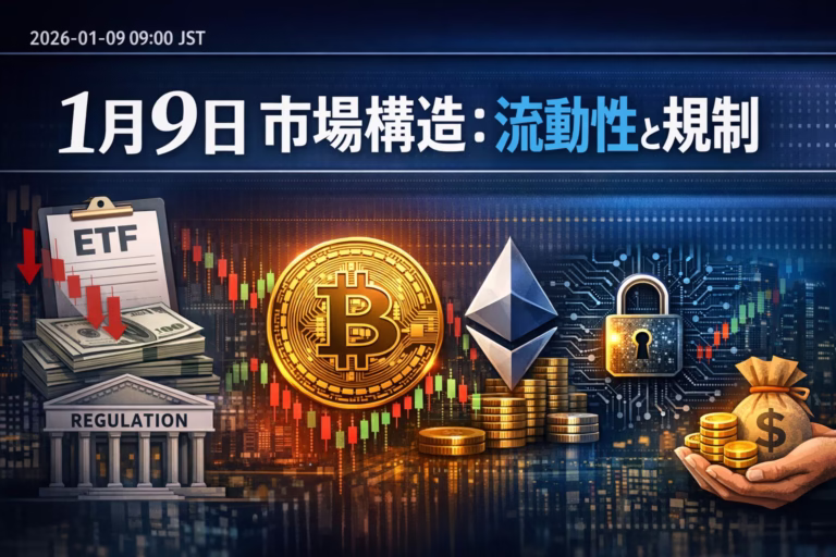 2026-01-09 JSTの市況要点。 ・BTC現物ETF：1/7に$486M流出 ・北朝鮮ハッキング：25年$2.02B ・GT焼却：25Q4に$26M超 流動性低下と規制審議が重なる市場構造を解説。