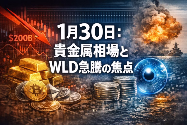 2026-01-30 16:30 JST。暗号資産市場は24hで約31兆円減、WLDはAI報道で18%反発。金は-4.5%調整も国単位の購入観測あり。FRB人事とホルムズ海峡情勢を注視。