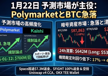 BTCは$87,863へ下落、24h清算$642M。予測市場Kalshiは単日取引$700M超を記録。Space等の返金対応や機関裁定の縮小を含め市場構造を整理。