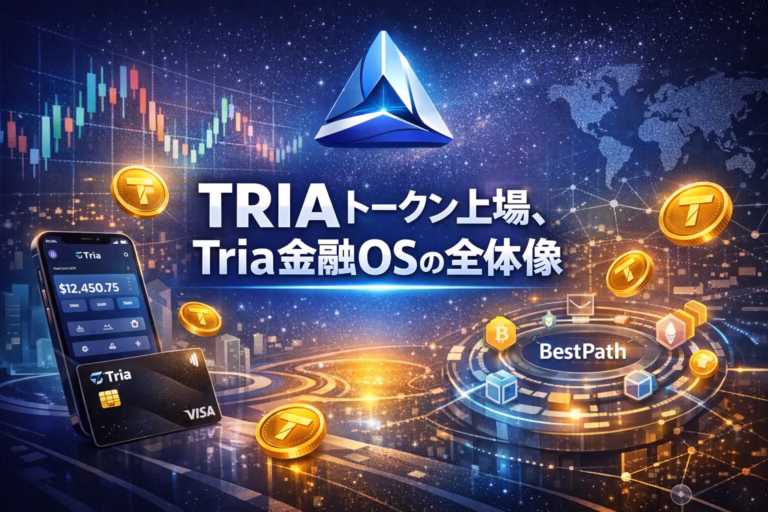2026-02-03 19:00 JSTに取引開始されるTRIAの概要。総供給100億枚に対し初期流通は約21.9%。自己管理型金融OSとしての仕組みと、ポイント還元や規制対応の要点を解説。