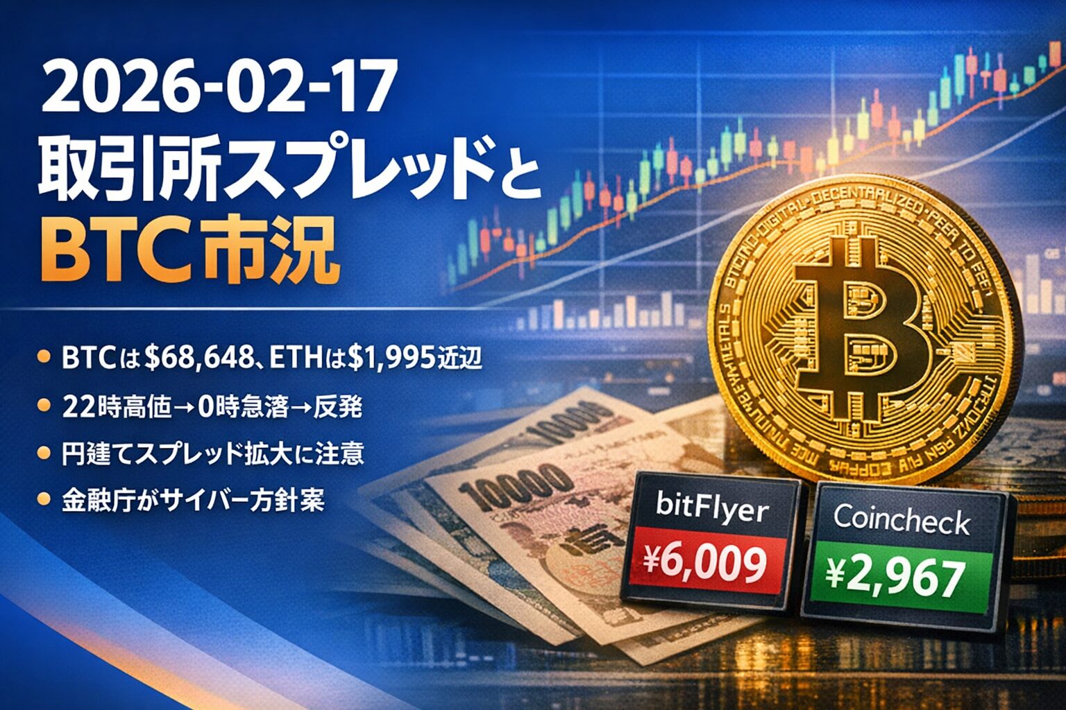 2026-02-17 取引所スプレッドとBTC市況 1 2026-02-17 08:30 JST時点のBTC価格は$68,648。国内取引所のスプレッド拡大と金融庁のサイバー対策方針案が主要トピック。ETFは流出超過。