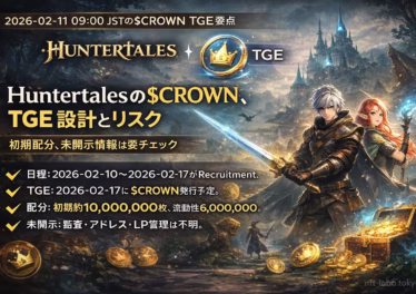 Huntertalesの$CROWN TGEは2月17日予定。初期発行約1000万枚、流動性600万枚、チーム分は2年ロック。MegaETH基盤。監査やLP管理は未開示。2026年2月11日時点の情報。