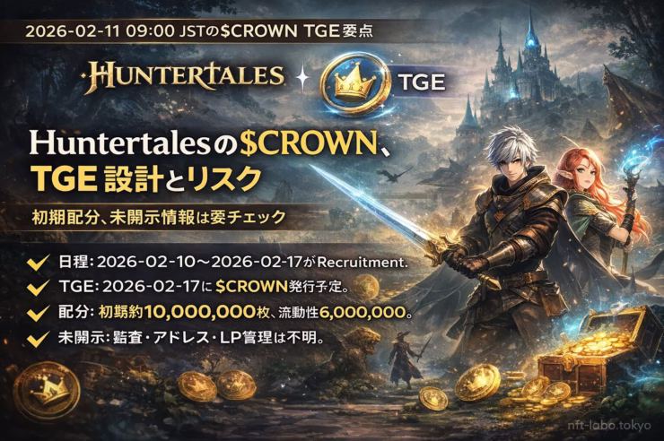 Huntertalesの$CROWN TGEは2月17日予定。初期発行約1000万枚、流動性600万枚、チーム分は2年ロック。MegaETH基盤。監査やLP管理は未開示。2026年2月11日時点の情報。