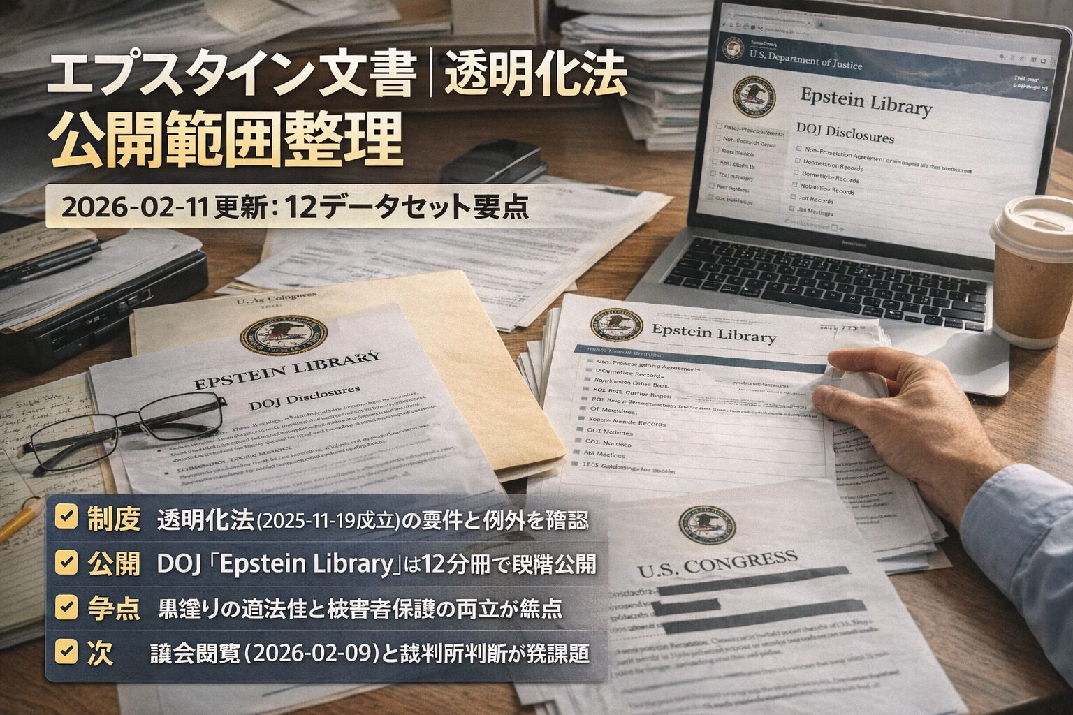 2026-02-13 JSTのエプスタイン文書公開状況。 ・DOJが約350万ページを公開済み（2/11更新）。 ・議員による未編集版閲覧が2/9開始。 ・透明化法の運用と黒塗りが焦点。