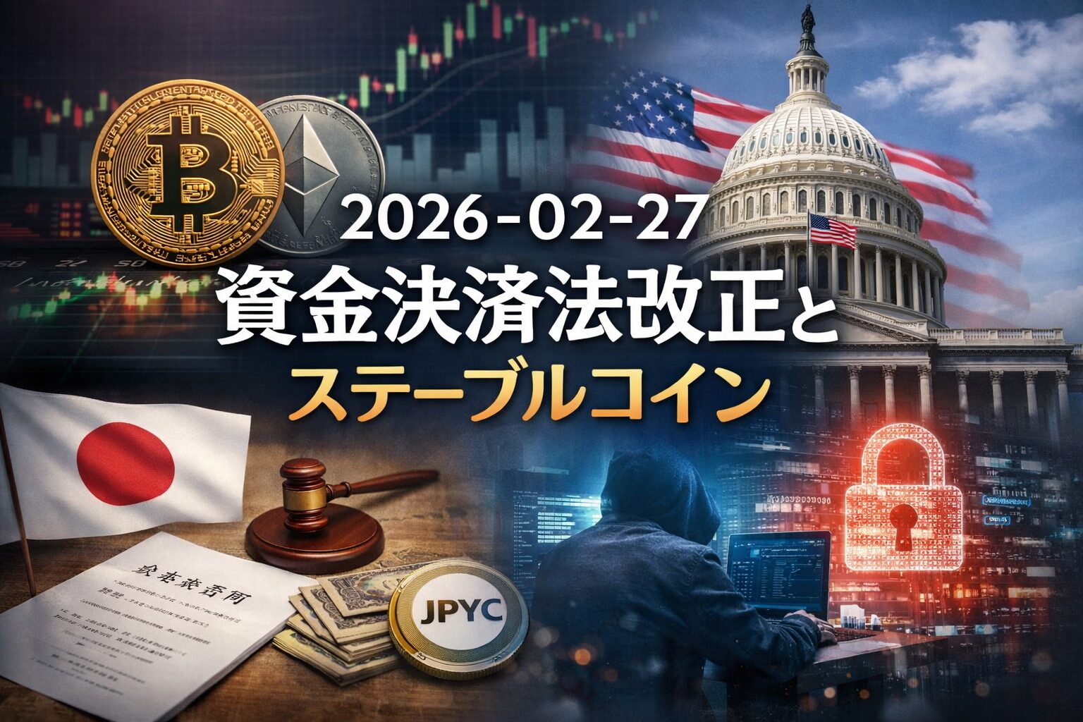 2026年2月27日 09:00（JST）時点の市況要点です。資金決済法関連の意見募集が本日締切を迎える点と、JPYCが総額17.8億円の資金調達を予定している点をまとめています。