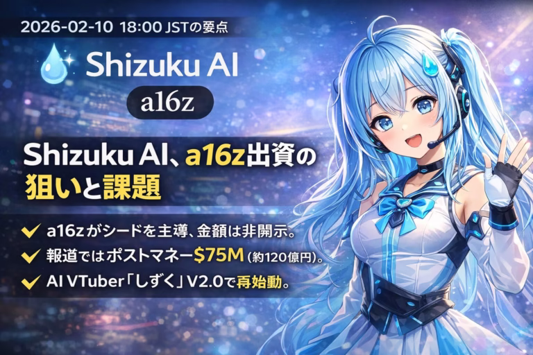 a16zがShizuku AIへの出資を主導、評価額は7500万ドル（約120億円）との報道。AI VTuber「しずく」V2.0を展開。2026年2月10日時点の情報。