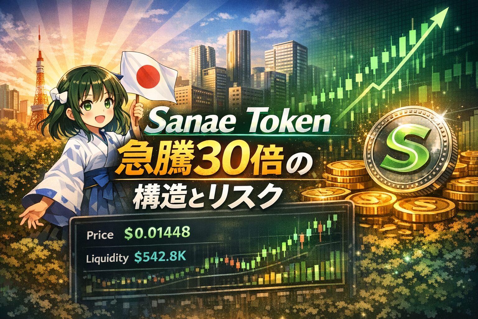 SANAETは発行初日に初値から一時約30倍の急騰を見せました。2026年2月27日18:00 JST時点の流動性は542.8K米ドルにとどまり、上位への保有集中や凍結権限の動向に注意が必要です。