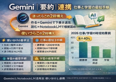 Gemini 2026-02-08 09:00 JST。Googleが1/27に公開したNotebookLMとGeminiのソース連携機能を解説。資料整理と生成を分担し、議事録や調査報告書の処理を効率化する手法と注意点を整理。