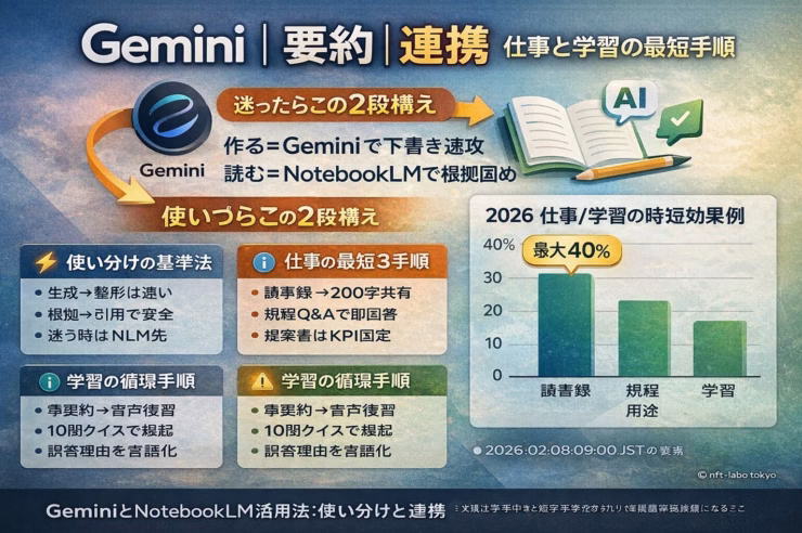 Gemini 2026-02-08 09:00 JST。Googleが1/27に公開したNotebookLMとGeminiのソース連携機能を解説。資料整理と生成を分担し、議事録や調査報告書の処理を効率化する手法と注意点を整理。