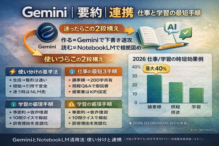 Gemini 2026-02-08 09:00 JST。Googleが1/27に公開したNotebookLMとGeminiのソース連携機能を解説。資料整理と生成を分担し、議事録や調査報告書の処理を効率化する手法と注意点を整理。