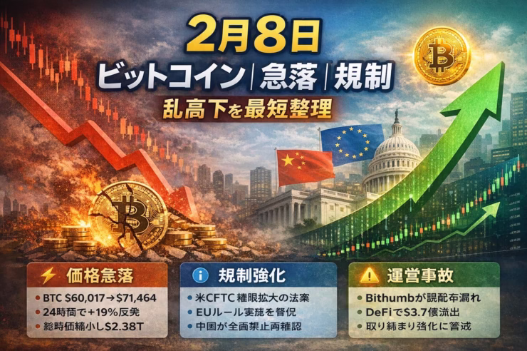 2026/02/09 09:00 JST。BTCは$60k台前半から$71k台へ反発。Bithumb誤配布や米法案可決など、価格・規制・運営リスクの事実を整理。