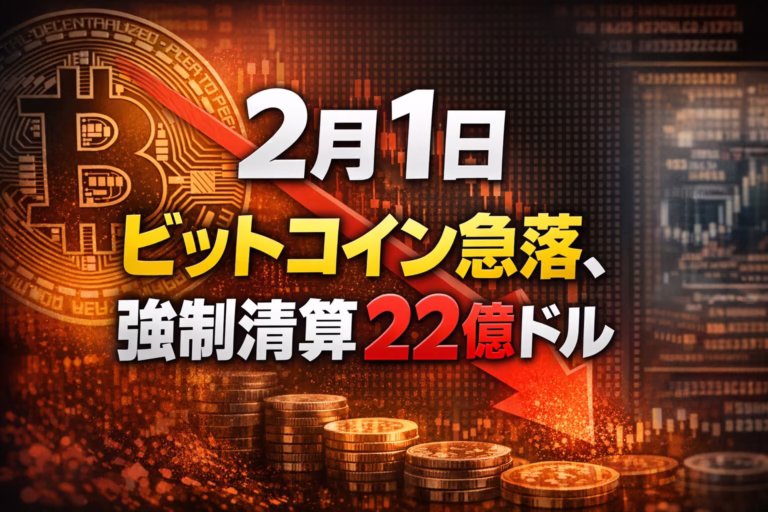2026年2月1日 ビットコイン急落。24時間で約22億ドルの強制清算が発生（CoinAnk）。BTCは76,000ドル割れ、ETHは2,300ドル割れ。週末の流動性低下が要因。Strategy社の取得単価に接近。