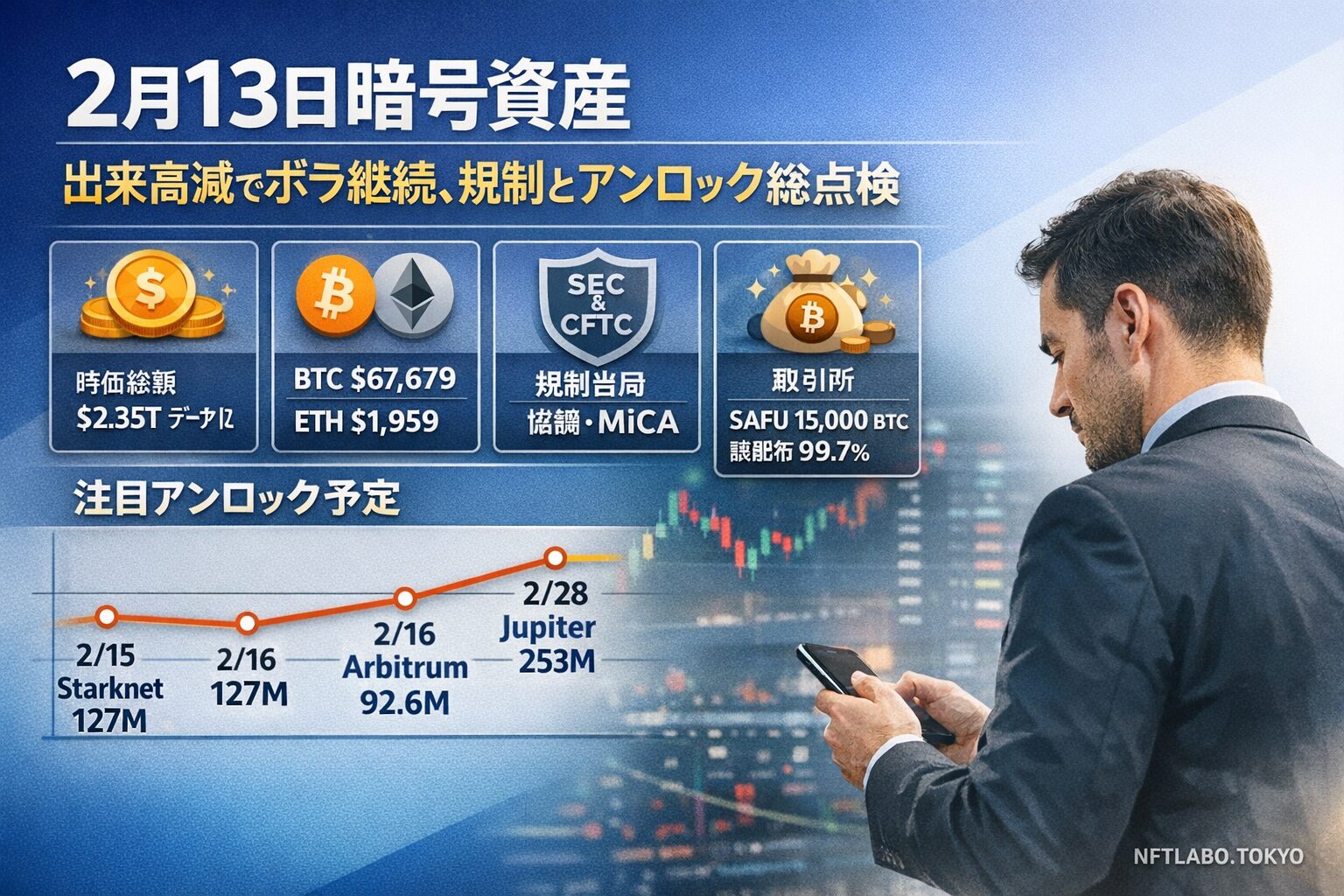 2026/2/13 09:27 JST時点の市場概要。BTC $67,679、ETH $1,959。Binance SAFU 15k BTC、Bithumb回収99.7%。MiCA規制26年7月期限とFIDD発行に注目。