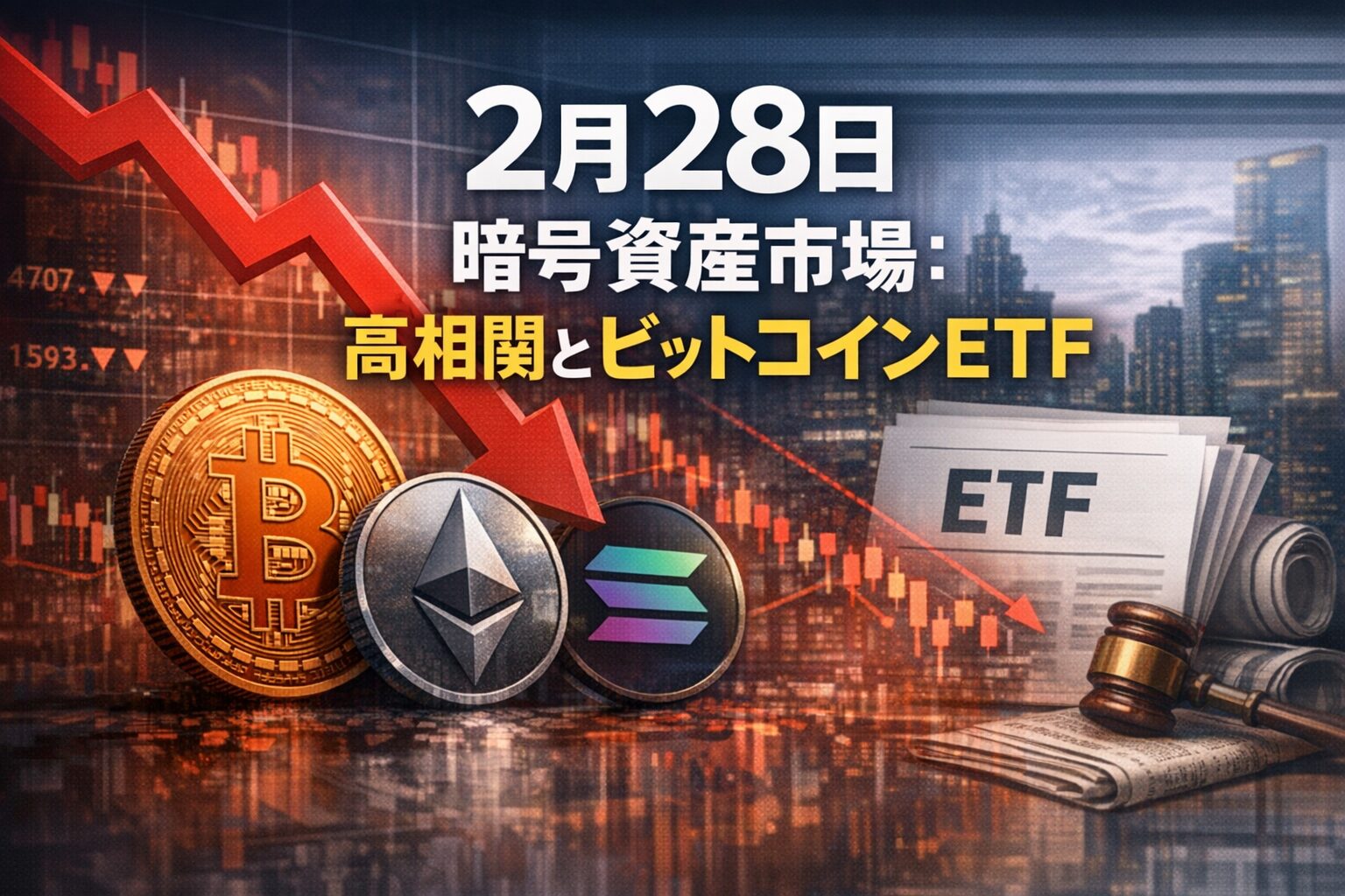 2026年2月28日09:00 JST時点の市場要点。主要銘柄が下落し、BTCはマイナス2.87%、ETHはマイナス5.08%を記録しました。米国での資金流入と国内の規制動向が今後の鍵を握ります。