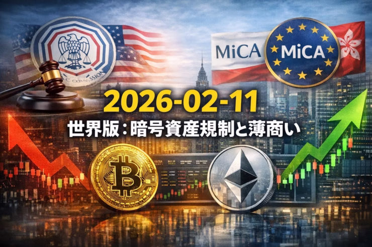 2026年2月11日の暗号資産市況。BTCは6.9万ドル台、出来高1020億ドルで薄商い。BinanceがSAFUでBTC追加購入。香港・欧州の規制移行が進む。STRKアンロック等の需給イベントに注意。