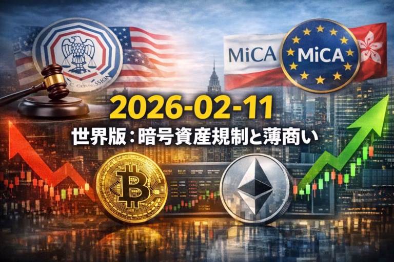 2026年2月11日の暗号資産市況。BTCは6.9万ドル台、出来高1020億ドルで薄商い。BinanceがSAFUでBTC追加購入。香港・欧州の規制移行が進む。STRKアンロック等の需給イベントに注意。
