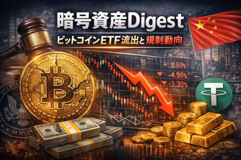 2026年2月7日時点の市況。BTC急落に伴う9.5億ドルの清算、1月のETF30億ドル流出、米中規制動向を解説。