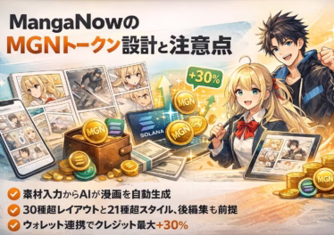 MangaNowはURL等から漫画生成が可能。30種超レイアウトに対応し、Solana基盤トークンでクレジット最大+30%の特典あり。商用利用も可能。