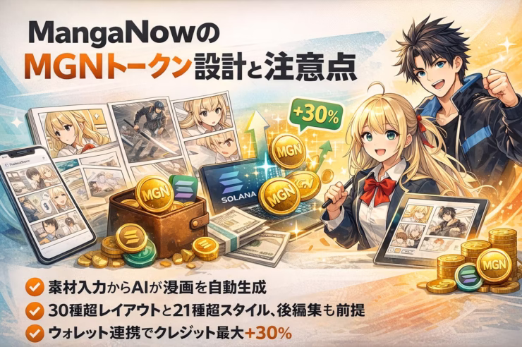 MangaNowはURL等から漫画生成が可能。30種超レイアウトに対応し、Solana基盤トークンでクレジット最大+30%の特典あり。商用利用も可能。