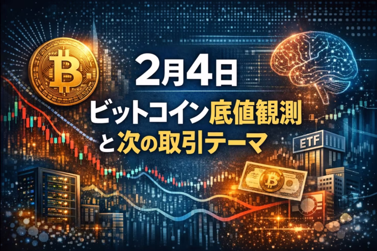 2026-02-04 JSTの市場要点。BTCは$72,000–76,000台で底値を模索し、Hyperliquid予測市場が出来高$4.8Bを記録して台頭。オンチェーン指標のコスト乖離と規制リスクを整理した市況解説図。