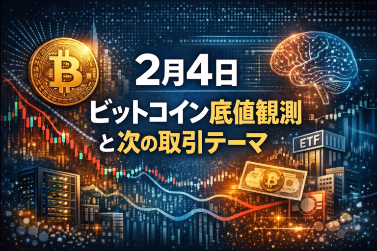 2026-02-04 JSTの市場要点。BTCは$72,000–76,000台で底値を模索し、Hyperliquid予測市場が出来高$4.8Bを記録して台頭。オンチェーン指標のコスト乖離と規制リスクを整理した市況解説図。