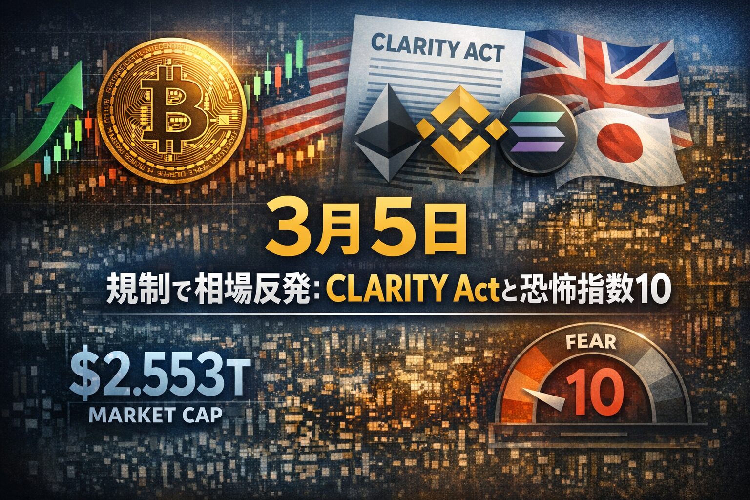 2026-03-05 07:50 JST時点の市場動向。米国の規制期待を背景にBTCが反発する一方、恐怖指数は10を記録し市場心理は慎重です。時価総額は2.553兆ドルに達しています。今後の法案進捗に注目です。