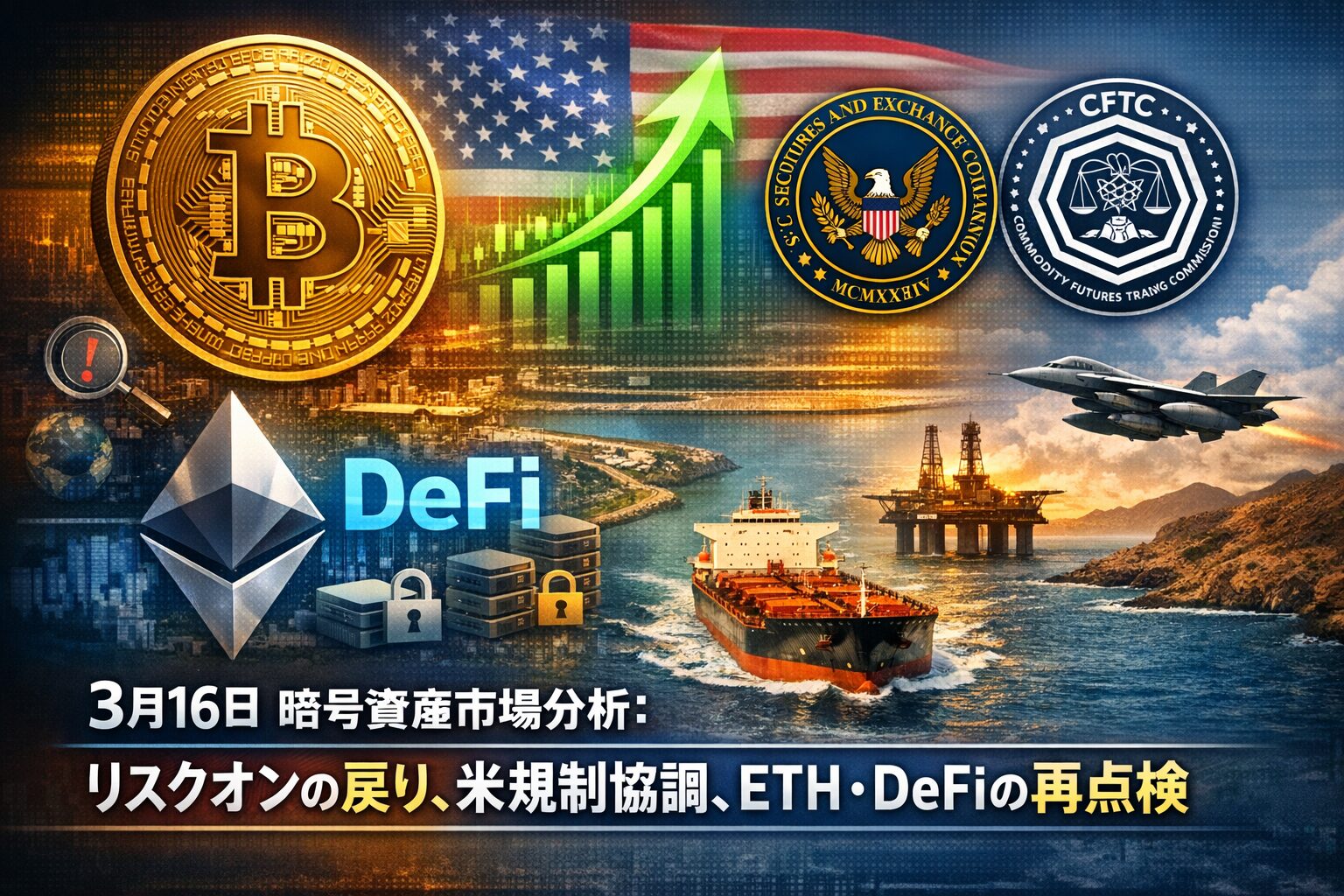 3月16日朝の暗号資産市場は時価総額約2.56兆ドル、24時間出来高約742億ドル。BTC主導の戻りと、3月11日の米規制連携、ETH・DeFiの資金動向再点検が焦点です。