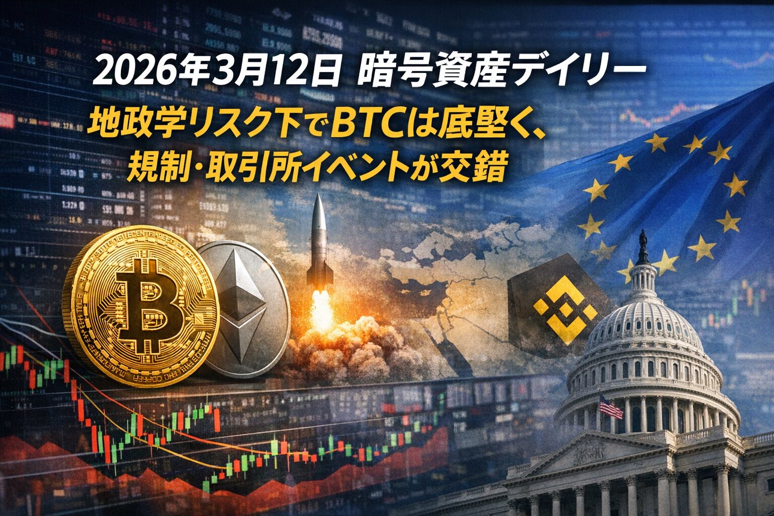 3/12 07:49JSTごろ、BTCは70,461ドル、ETHは2,063ドル近辺で小幅高。過去24時間はHYPEが6%台後半と強い一方、15:00と16:00JSTのBinance変更や規制日程が重なる日。
