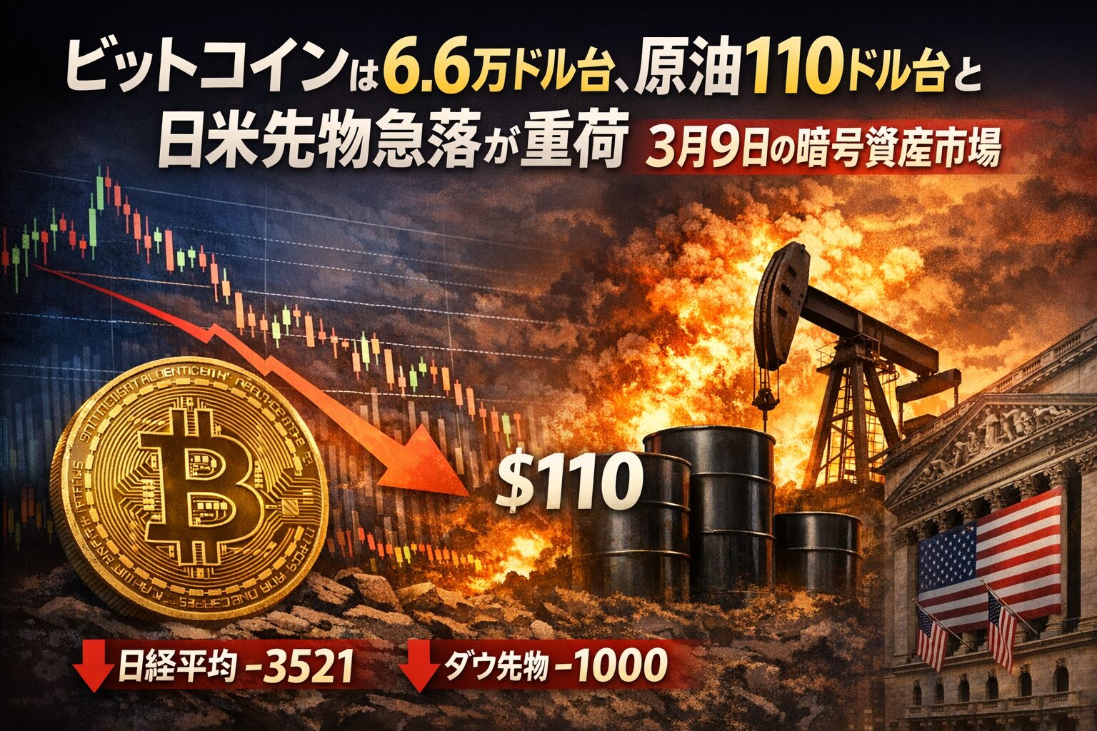 3月9日JST、BTCは66,574ドル、ETHは1,956ドル。原油は111ドル台、日米先物も急落し、暗号資産は地政学発のリスクオフで上値が重い日になりました。