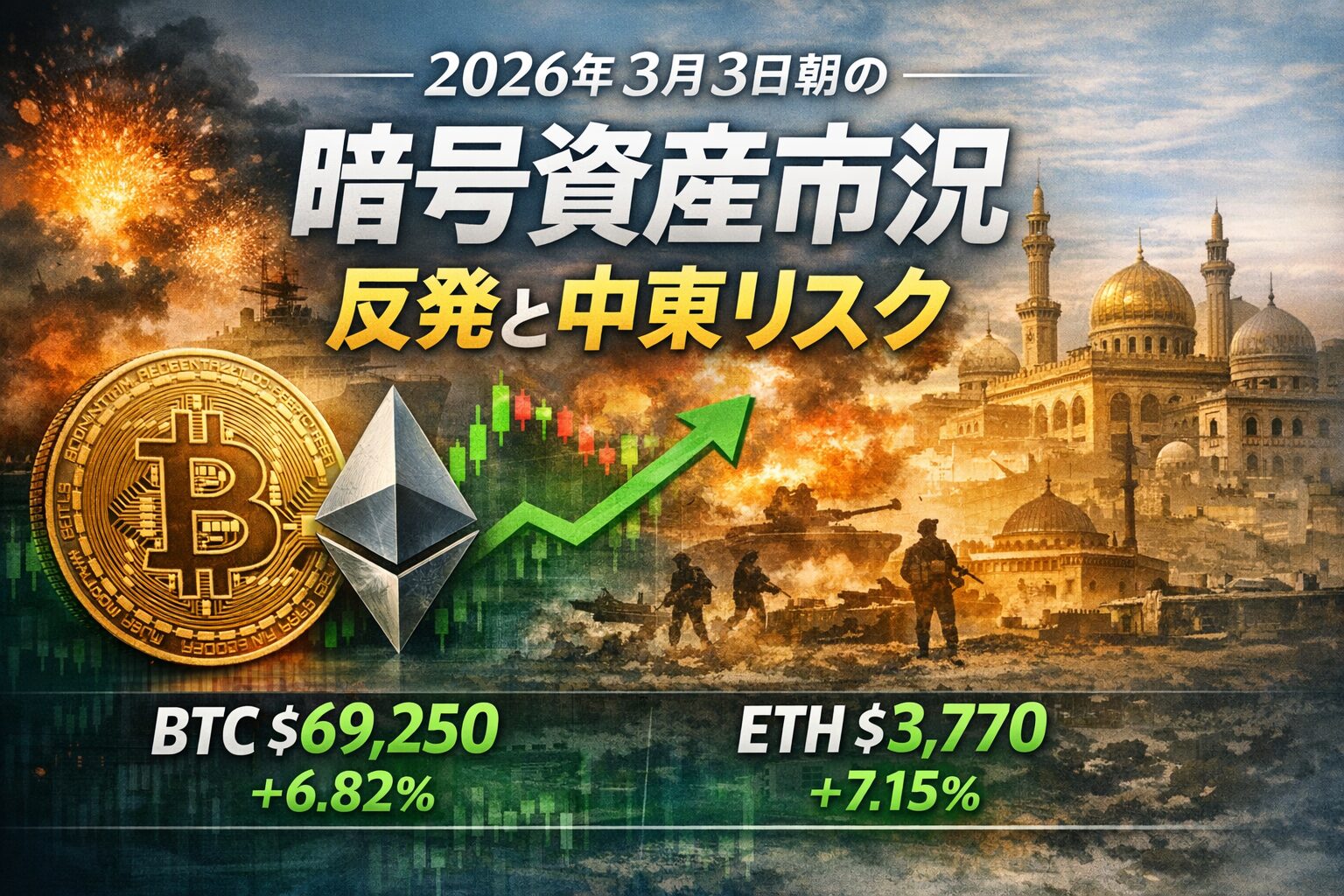 2026年3月3日08:19 JST時点の暗号資産市況。中東情勢を背景とした主要銘柄の反発と、米企業によるBTC買い増し開示の要点を解説。デリバティブ市場で弱気な見方が残る中、BTCが24時間比で+6.82%の上昇を記録した事実をまとめています。