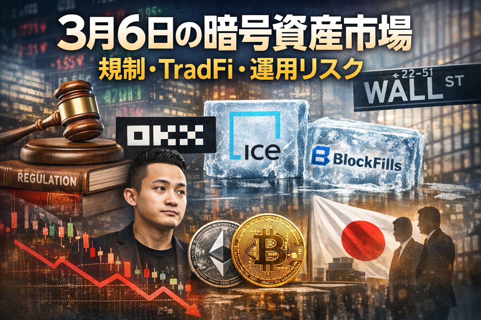 3/6 07:26 JST時点の要点。ICEのOKX出資で評価額250億ドル、Justin Sun側1社は1000万ドル和解。BlockFillsの70.6 BTC係争も重なり、市場は追い風と信用不安が同居。