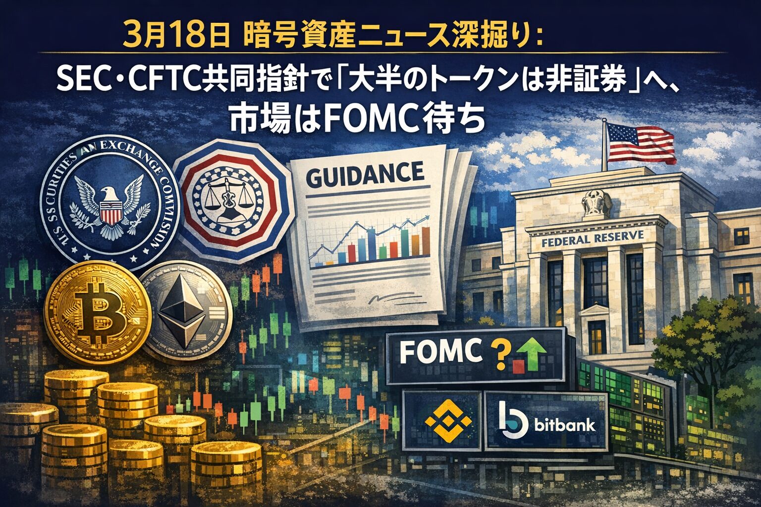 3/18 JST、SECとCFTCが暗号資産を5類型で整理し、大半のトークンは非証券と明確化。BTCは7.4万ドル前後で推移し、22時のKAT上場とFOMC前の様子見が重なる。
