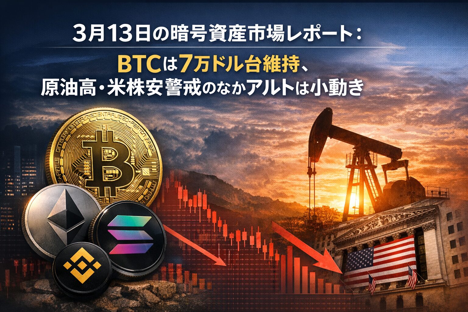 3月13日朝はBTCが7.06万ドル台で推移し、主要10銘柄の24時間騰落はおおむね±1%台でした。12:00 JSTにはBinanceの2ペア停止予定もあり、価格は静かでも確認点は多い朝です。