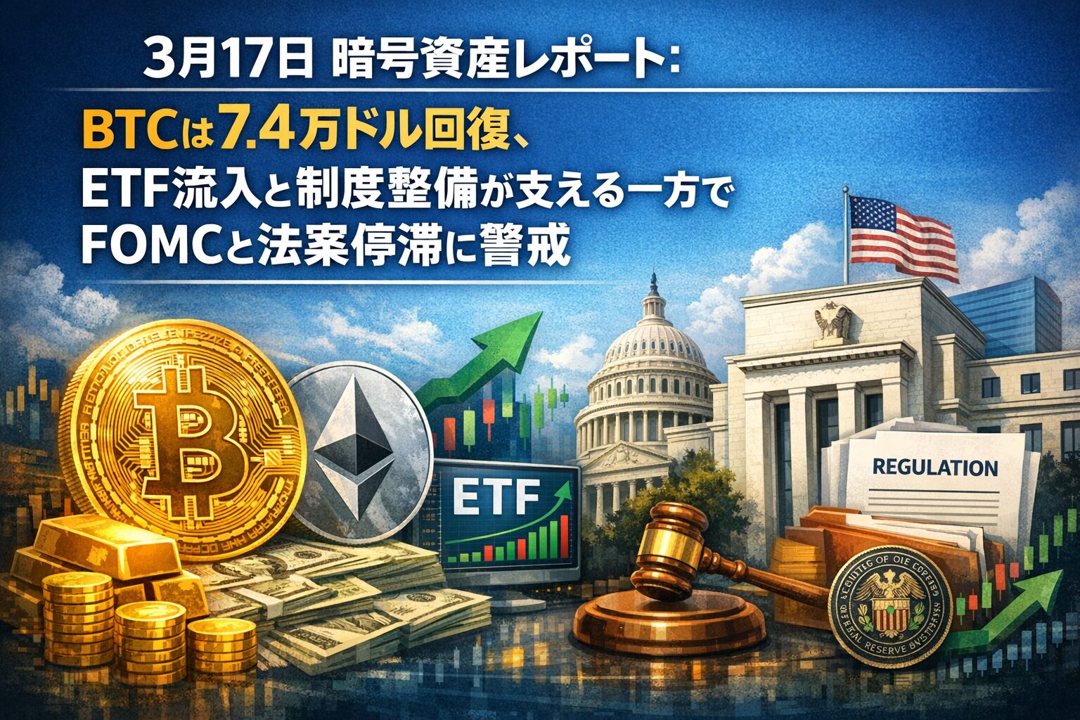 3月17日JSTの暗号資産市場まとめ。BTCは74,781ドル、ETHは2,355.87ドルまで反発し、3月9日〜13日の米現物BTC ETFは合計7.63億ドルの純流入。FOMCと法案停滞が戻りの継続性を左右します。