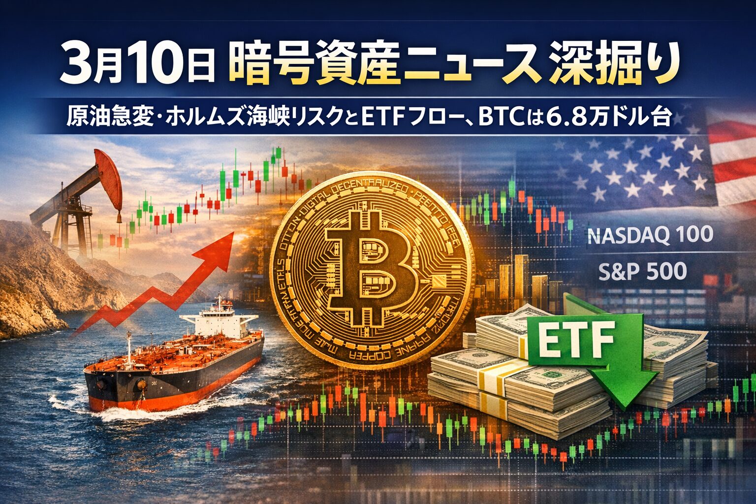 3月10日朝JSTの暗号資産まとめ。BTCは6.8万ドル台を回復しましたが、3月6日の米現物BTC ETFは3.49億ドル流出。原油急変とホルムズ海峡リスクが相場心理を揺らしています。