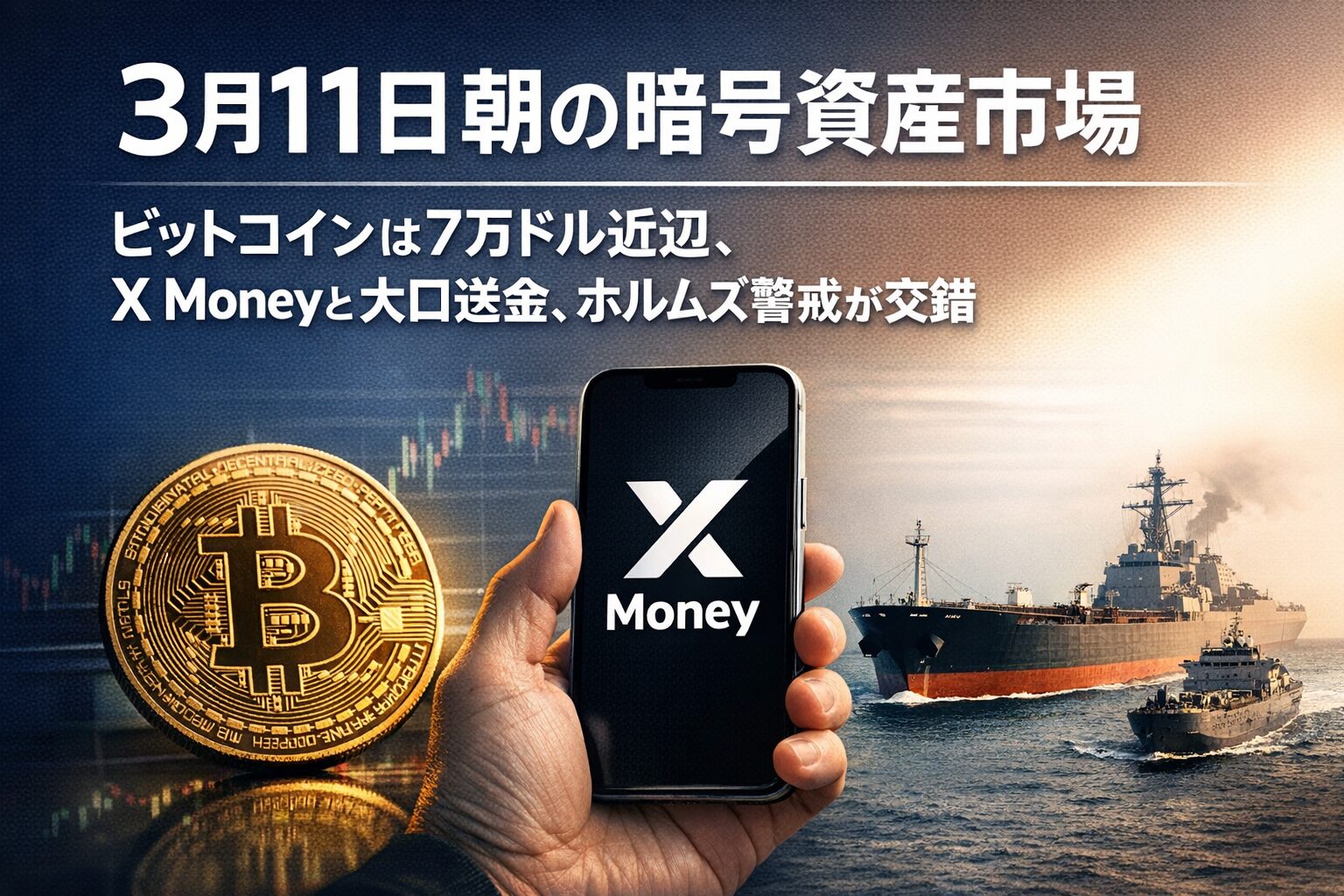 BTCは3月11日朝に6万9913ドルで推移し、日中は6万8402〜7万1569ドルでした。X Moneyは最大6.00%APYとFDIC上限25万ドルが注目され、大口BTC移動も重なりました。