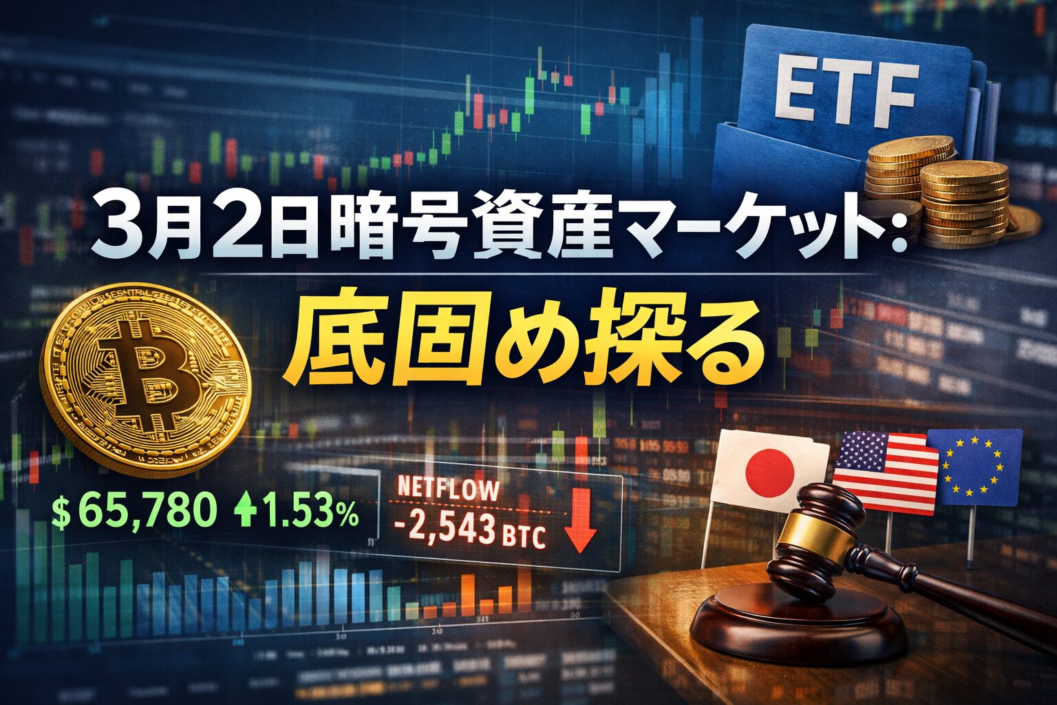 3月2日暗号資産マーケット:底固め探る 1 2026年3月2日10時JST時点の市場まとめ。ビットコイン価格は65780ドルで推移。市場出来高の大半をステーブルコインが占める慎重な需給環境と、日米欧で進む規制と監督体制の要点を解説しています。