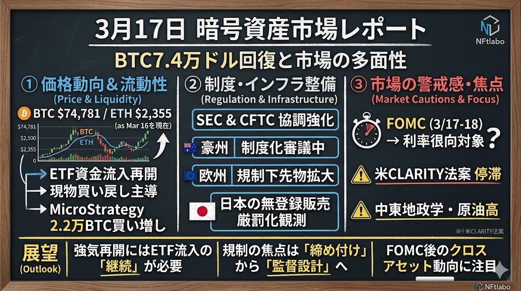 3月17日暗号資産レポート:BTCは7.4万ドル回復、ETF流入と制度整備が支える一方でFOMCと法案停滞に警戒 2 unnamed 1 10