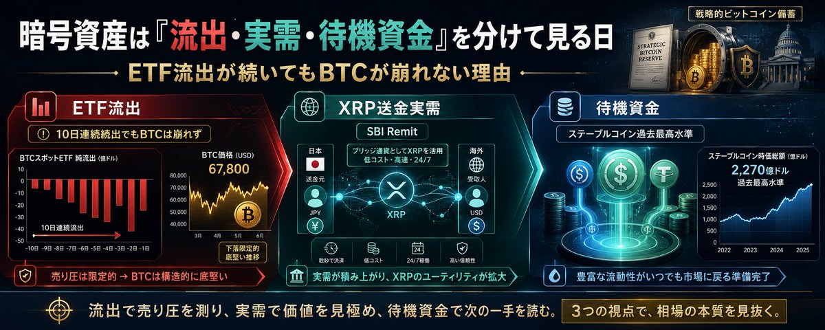 暗号資産は「流出・実需・待機資金」を分けて見る日──ETF流出が続いてもBTCが崩れない理由 5 暗号資産は「流出・実需・待機資金」を分けて見る日──ETF流出が続いてもBTCが崩れない理由