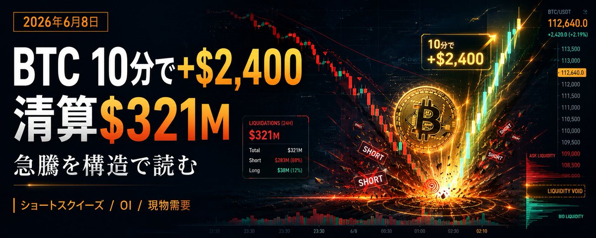 BTC10分で+$2,400・清算$321M——2026年6月8日の急騰を構造で読む 16 BTC10分で+$2,400・清算$321M——2026年6月8日の急騰を構造で読む