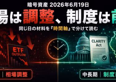 暗号資産2026年6月19日｜相場は調整、制度は前進。同じ日の材料を「時間軸」で分けて読む