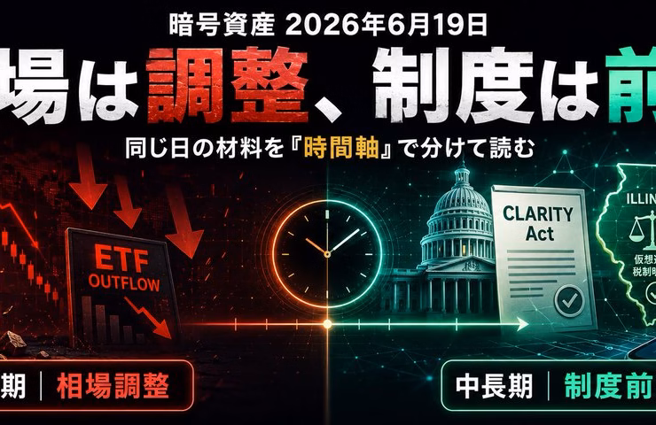 暗号資産2026年6月19日｜相場は調整、制度は前進。同じ日の材料を「時間軸」で分けて読む
